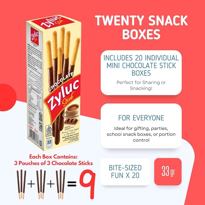 Zyluc Chocolate Biscuit Sticks – Cocoa-Dipped Crunchy Snack with Chocolate Flavor – Non-GMO Ingredients – 33g Pack, Halal Certified, No Trans Fat, Crispy Asian Treat – On-the-Go Sweet Snack, Pack of 20