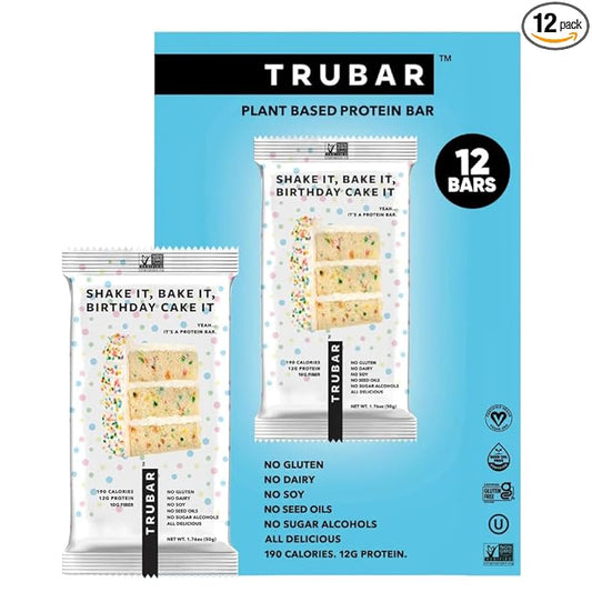 TRUBAR Vegan Protein Bar, Shake it Bake it Birthday Cake it, Gluten Free, Plant Based Protein, Dairy Free, Non GMO, Soy Free, No Sugar Alcohols, 12G Protein, 12G Fiber, 23G Carb, Snack Bars, 12ct