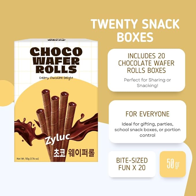 Zyluc Chocolate Wafer Rolls – Crispy Cream-Filled Cookies with Real Cocoa, Portion-Controlled Snack, Cholesterol Free, No Trans Fat, 200 Cal per Pack (50g) – Pack of 20