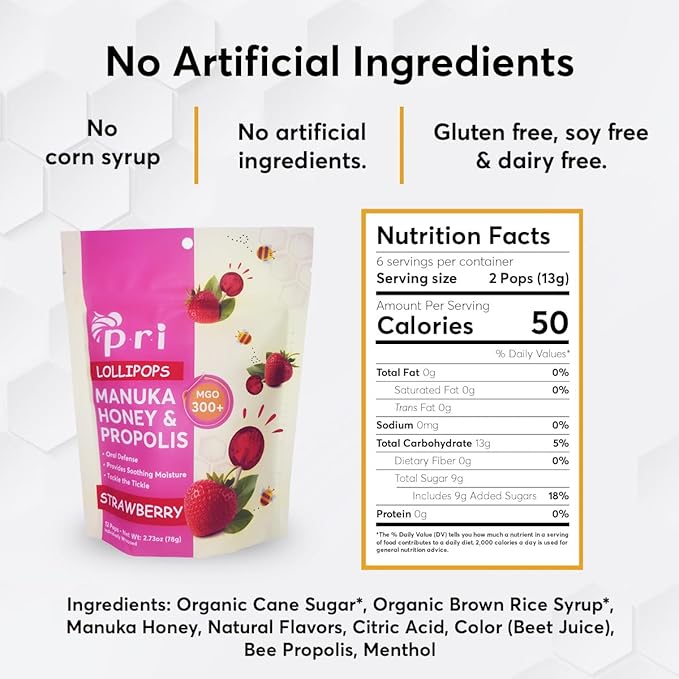 P.R.I Manuka Honey Lollipops with Propolis, Certified MGO 300+ - Throat Soothing, Strawberry Flavor, (24 Lollipops, 5.46oz)