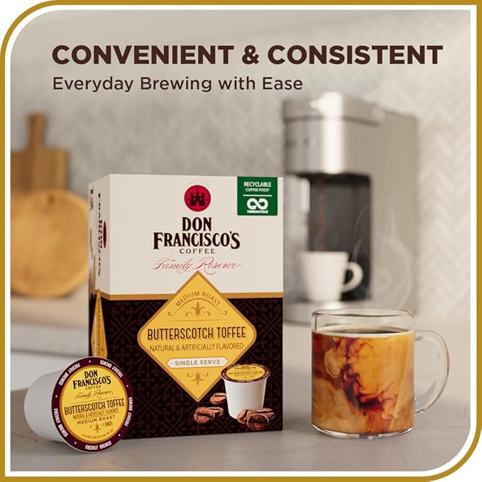 Don Francisco's Butterscotch Toffee Flavored Coffee Pods, 24 Count, Medium Roast, Compatible with Keurig Brewers
