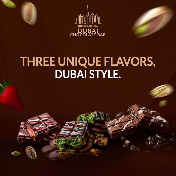 Dubai Chocolate Bar Variety Pack – 2.47oz Premium Chocolate Bar Assortment with Pistachio Cream, Cookies & Cream, Strawberry Crush – Crispy Kataifi, Knafeh Dessert Inspired – Made in USA (6 Pack)