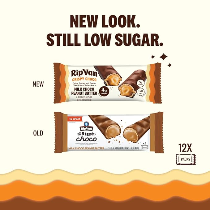Rip Van Crispy Choco - Chocolate Coated Peanut Butter Wafer Bars - Low Sugar Fudge and Peanut Butter Cream Filled Snack - 12 Pack