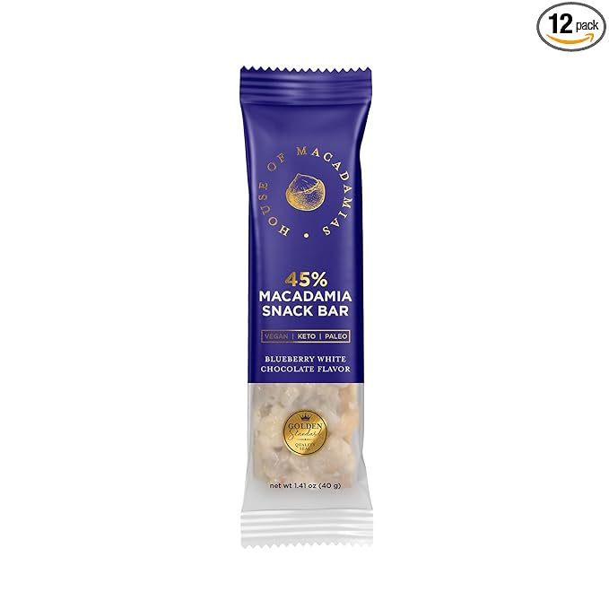 House of Macadamias, Macadamia Snack Bars, Blueberry White Chocolate, 12 x 1.41oz - Keto, Vegan, Paleo, Gluten-Free, Sugar-Free, Dairy-Free, Healthy Snack Option
