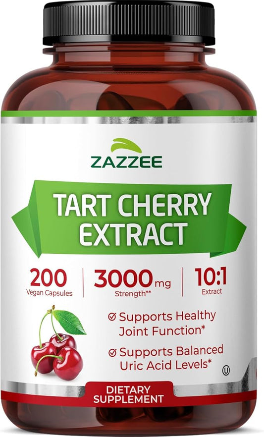 Zazzee Tart Cherry 10:1 Extract, 3000 mg Strength, 200 Vegan Capsules, 6+ Month Supply, Certified Kosher, Concentrated and Standardized 10X Extract, 100% Vegetarian, All-Natural, Gluten Free, Non-GMO
