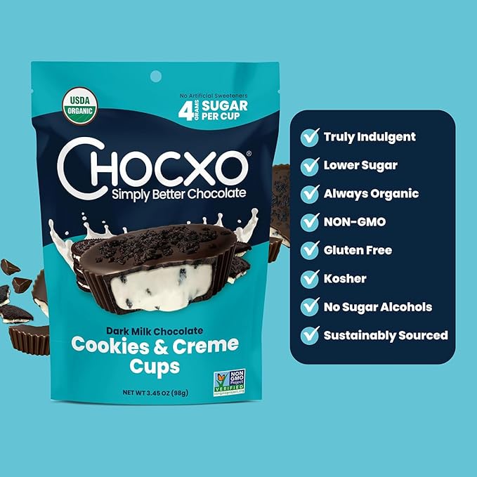 Chocxo Dark Milk Chocolate Cookies & Crème Cups - Lower Sugar, 69% Organic Cacao, NonGMO, Keto, Gluten Free, Kosher, No Artificial Sweeteners/Sugar Alcohols, 3.45 oz (Pack of 6)