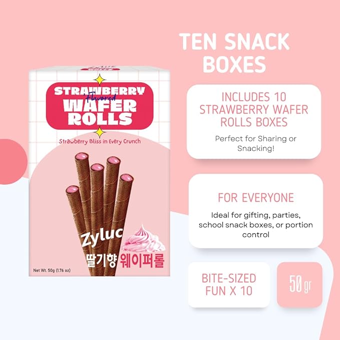 Zyluc Strawberry Wafer Rolls – Crispy Cream-Filled Cookies, Sweet Strawberry-Flavored Snack, 200 Calorie Portion Pack, No Cholesterol, Zero Trans Fat, Premium Treat, 50g x 10 Boxes