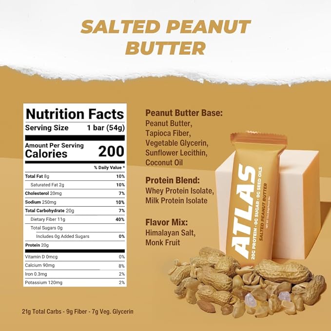 Atlas Real Food Protein Bar – 20g Clean Protein, 0g Sugar, No Seed Oils, No Artificial Sweeteners (Salted Peanut Butter, 24 Count)