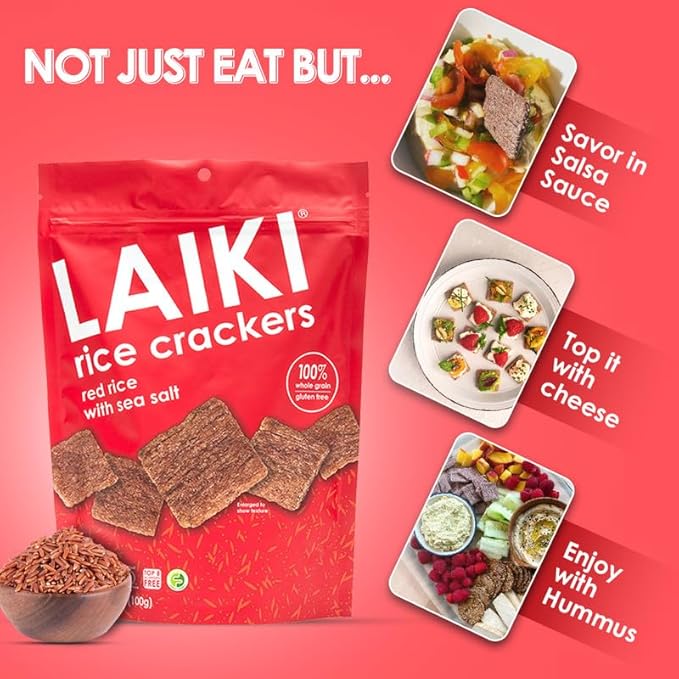 LAIKI Gluten Free Rice Crackers, Red Rice, Resealable 3.53 Ounce Bag