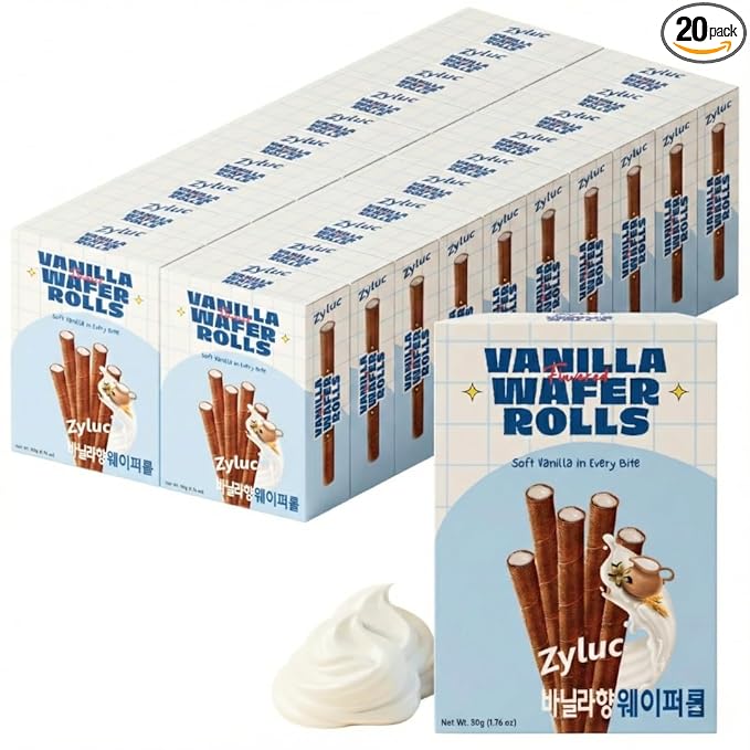 Zyluc Vanilla Wafer Rolls – Crispy Cream-Filled Cookies, Vanilla-Flavored Snack, Portion-Controlled 200 Cal Treat, No Cholesterol or Trans Fat, Premium Dessert Pack, 50g x 20 Boxes