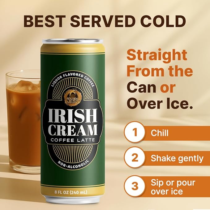 Golden Nest Liquor-Flavored Coffee Latte | Ready to Drink Liquor-Inspired Non-Alcoholic Creamy Beverage | All Natural No Preservatives | 8 Fl Oz Can (Irish Cream, 8 Fl Oz (Pack of 12))
