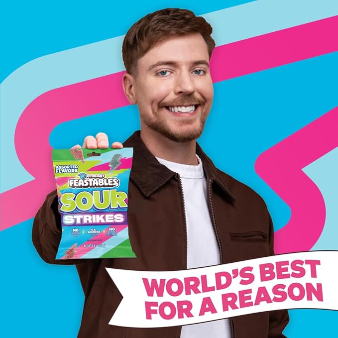 Feastables Mrbeast Strikes Sour Candy, Mixed Gummies With Watermelon, Green Apple, Strawberry, and Raspberry Flavors, Candy for Adults & Kids as Snacks or Dessert, Made With Fairtrade Sugar, 12CT