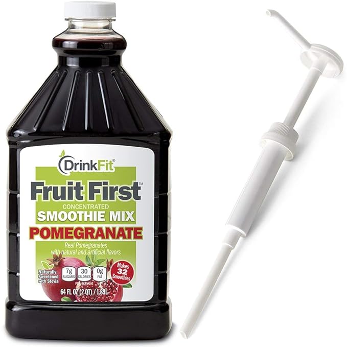 DrinkFit Fruit Smoothie | Real Fruit Puree, Low Sugar, Gluten:Free & Non:GMO, Pomegranate Smoothie Mix : Makes 32 Smoothies, 64 Fl Oz with Dispensing Pump (Pomegranate)