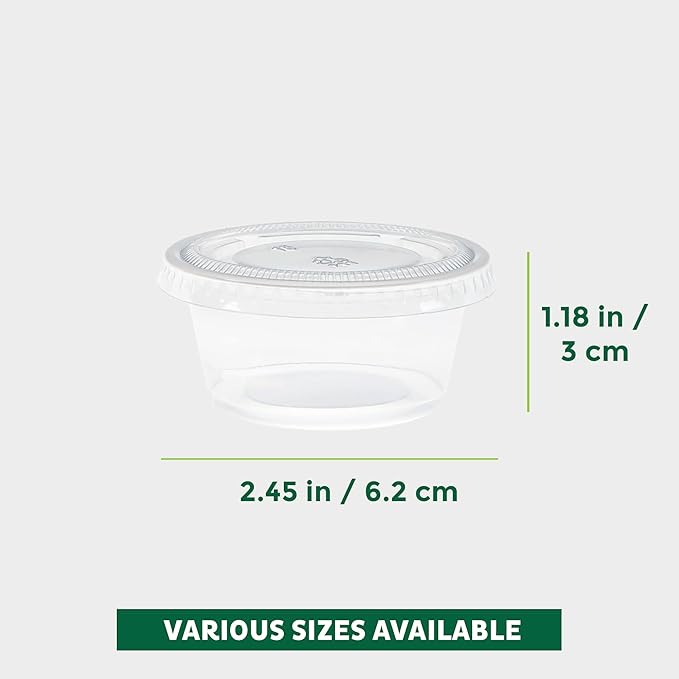 Freshware Plastic Portion Cups with Lids [2 Ounce, 200 Sets] Disposable Plastic Cups for Meal Prep, Salad Dressing, Jellos Shot Cups, Souffle Cups, Condiment and Dipping Sauce Cups