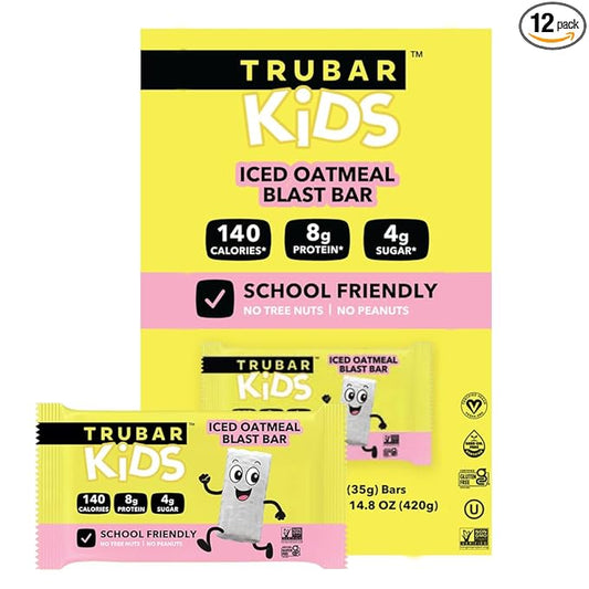 TRUBAR Kids Protein Bars, Iced Oatmeal Blast, Plant Based Protein, Gluten Free School-Friendly Snacks for Lunchboxes, Tree Nut and Peanut Free, Low Sugar, Healthy On the Go Snack Bars, 12 Count