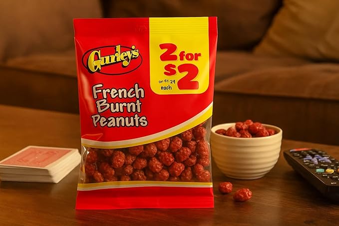 Gurley's Old Fashioned French Burnt Peanuts, Candy Coated Spanish Peanuts, Snack Size Bags, High Protein Treats (Pack of 12)