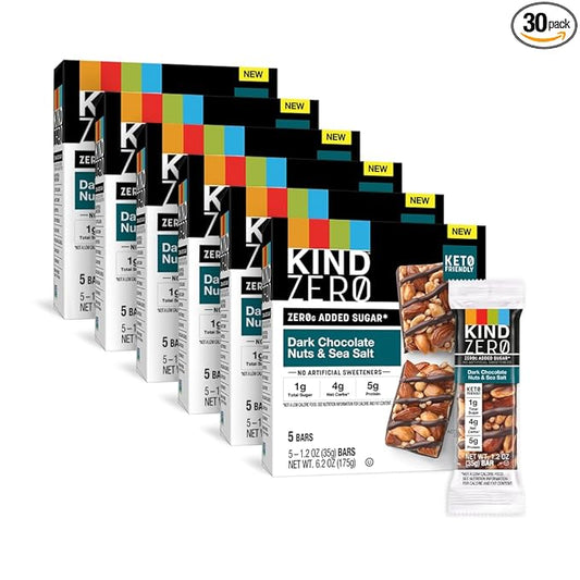 KIND ZERO Added Sugar Bars, Keto Snack, Dark Chocolate Nuts and Sea Salt, Good Source of Fiber, Gluten Free, Low Sugar, 6g Protein, 30 Count