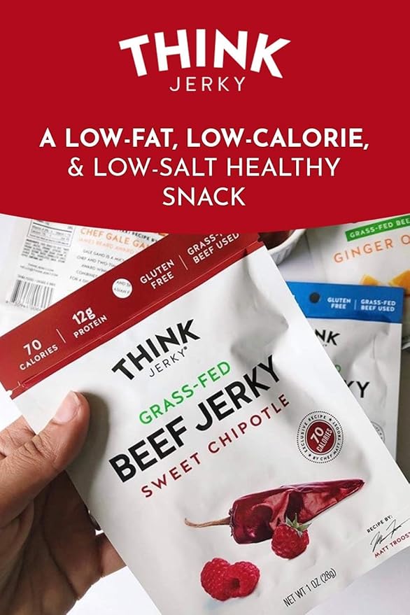 Think Jerky Sweet Chipotle Beef Jerky, Grass-Fed High Protein Beef, Gluten Free, No Antibiotics or Nitrates, Healthy Chef Crafted Recipe, Low Calorie and Low Fat - 1.0 oz Bags, 8 Pack