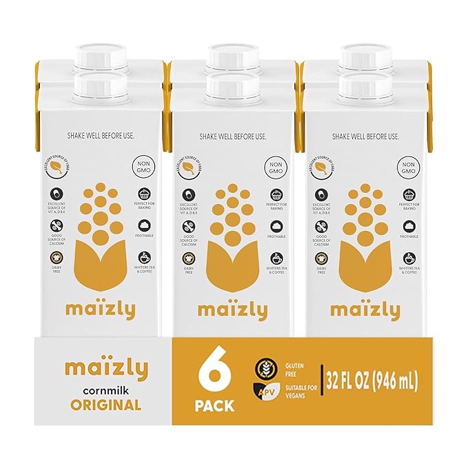 Maizly 32 fl oz | Non‑GMO Corn Milk Alternative | Allergen‑Free, Seed‑Oil‑Free, Smooth & Neutral Flavor | Excellent Source of Fiber & Vitamins A, D, E, and a Good Source of Calcium | Great for Homes, Cafés & Daily Use (32 Fl OZ (Pack of 6), Maizly Orig...