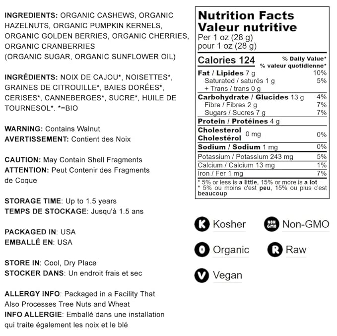 Food to Live - Organic Snack Mix, 1 Pound - Raw Nuts and Berries with Pumpkin Seeds, Non-GMO, Non-Irradiated, Kosher, Vegan Superfood, Bulk, Great Trail Mix, Rich in Natural Antioxidants