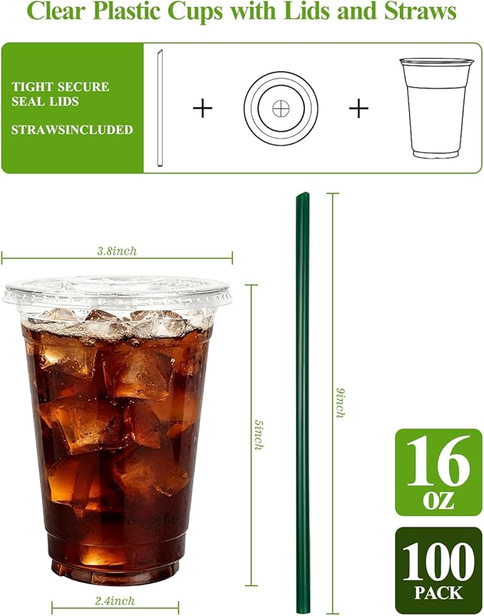 Goodluck 100 Pack 16oz Plastic Cups with Lids and Green Straws, Clear Disposable Iced Coffee Cups, Food Safe Cold Drink Cups for Bubble Tea, Smoothies & Shakes, BPA Free