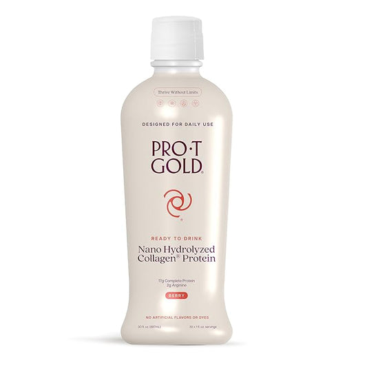 ProT Gold Liquid Collagen Protein Shot, 17g Clear Protein Nano-Hydrolyzed Grass Fed Collagen, 2g Arginine for Wound Support, Gluten Free, Sugar Free, 0g Carbs, Non GMO, Berry, 30 fl oz Bottle