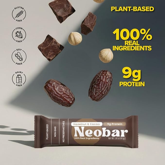 NEOBAR Fruit and Nut Bars - Plant-Based Vegan Snack Bars, Gluten Free Dairy Free Snacks, No Preservatives, No Refined Sugars Added, Non-GMO | Hazelnut & Cacao, 9g Protein,12 Count