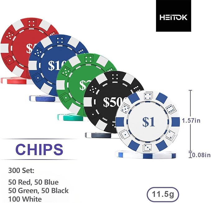HEITOK 300-Piece Numbered Poker Chip Set – 11.5g Heavyweight Casino Style Chips with Denominations – Complete Texas Hold’em Kit with Aluminum Case, Decks & Dice for Beginners & Family Game Night