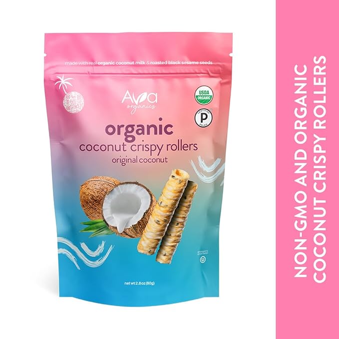 Original Coconut Crispy Rollers (2.8 oz bags) Ava Organics - Gluten Free, Non-GMO, Kosher, Vegetarian & Certified Paleo Lightly Sweetened Baked Coconut Crisps (Pack of 8)