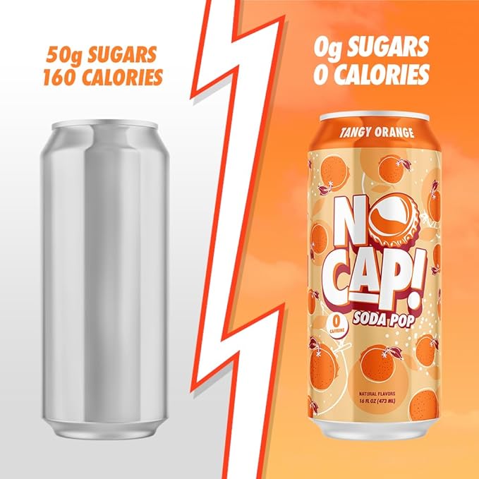 No Cap! Healthy Soda Alternative, Natural Allulose, Zero Sugar, Zero Calorie, Caffeine Free, | Hydrating Electolytes, Natural Flavors 16 oz. (Orange)