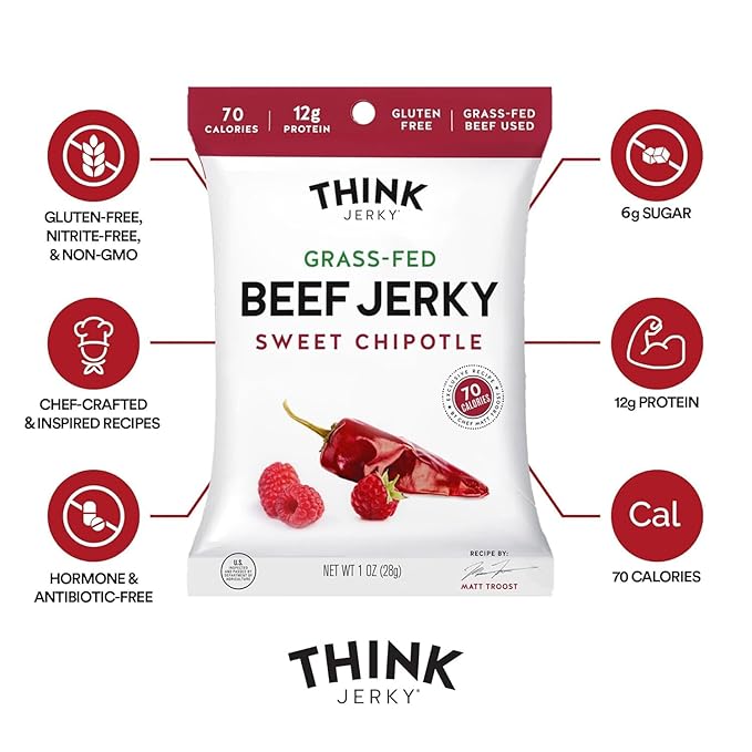 Think Jerky Sweet Chipotle Beef Jerky, Grass-Fed High Protein Beef, Gluten Free, No Antibiotics or Nitrates, Healthy Chef Crafted Recipe, Low Calorie and Low Fat - 1.0 oz Bags, 8 Pack