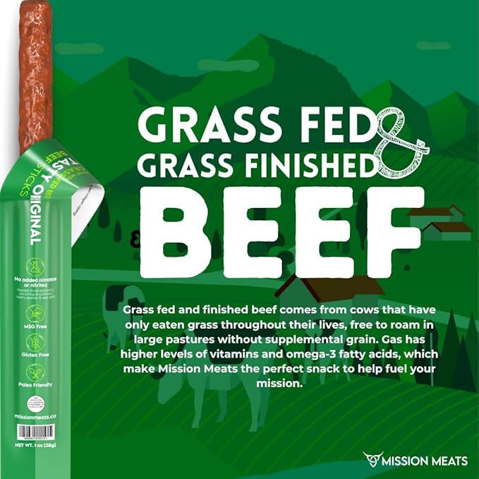 Mission Meats Beef Sticks – 100% Grass Fed Beef, Zero Sugar, Healthy Snacks, Individually Wrapped, Gluten Free, Non-GMO, Original 1oz (Pack of 24)