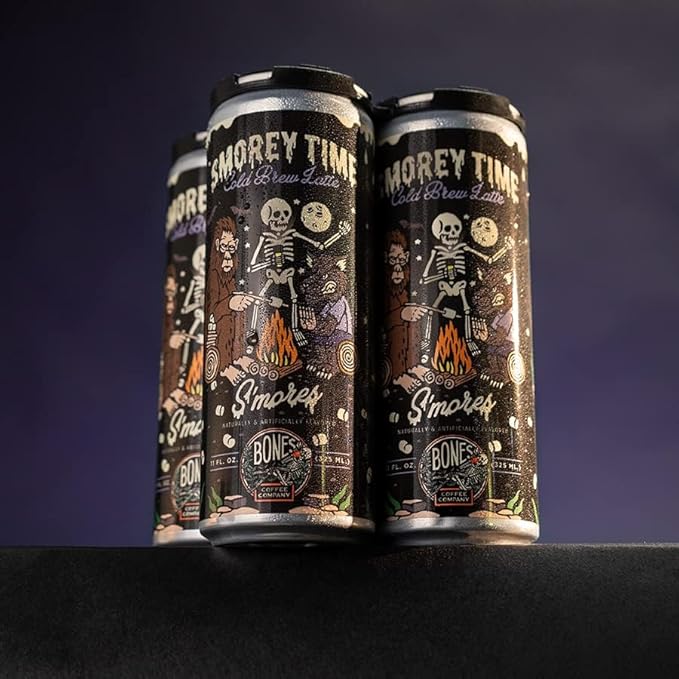 Bones Coffee Company S'morey Time Latte S'mores Flavored Coffee, Medium Roast Ready To Drink Iced Coffee in Can, 11 Fl Oz Can (12 Pack)