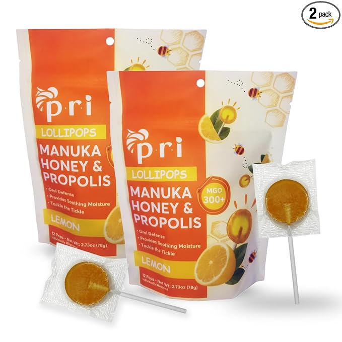 P.R.I Manuka Honey Lollipops with Propolis, Certified MGO 300+ - Throat Soothing, Lemon Flavor, (24 Lollipops, 5.46oz)