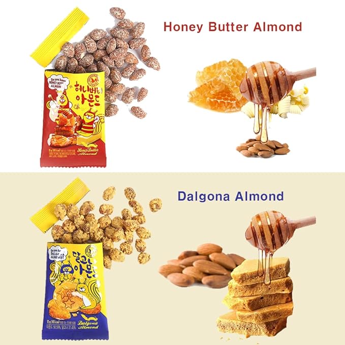 K-Herb Korean Snacks – Gourmet Honey Butter Almond Korean Dalgona Almond Snacks for Adults, Kids – Flavored Almonds with Delicious Crunchy Texture – Great for Office, On the Go, School (Honey Butter 10Pack + Dalgona 10Pack)