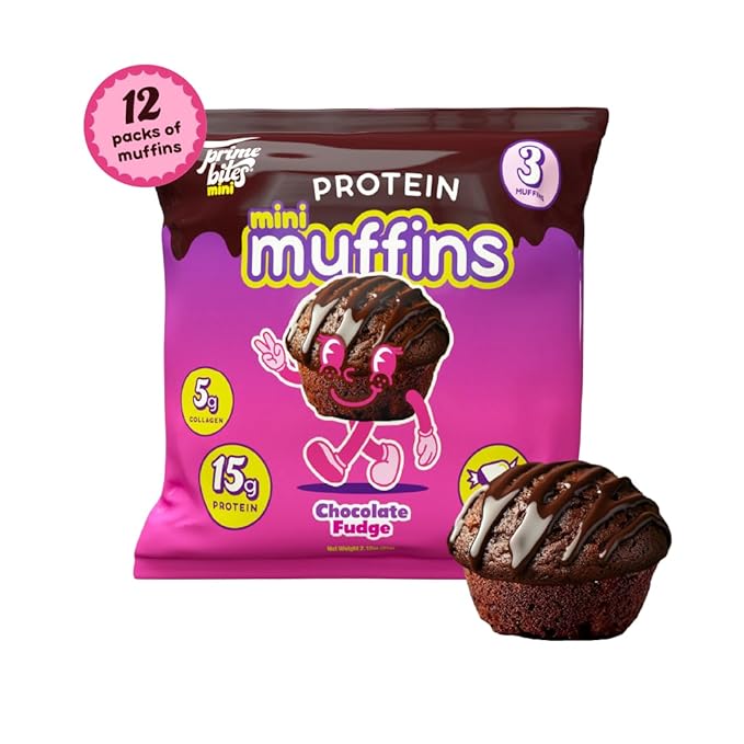 Prime Bites Minis - High Protein Muffin (12 Per Box, Chocolate Fudge) - 15g of Protein, 5g of Collagen, Gluten Free, Low Sugar Treat, Delicious Protein Snack