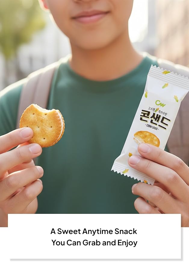 Korean Food CW Corn Sand Biscuits, Sweet Corn Cream Sandwich Crackers, 1+1 Family Pack (6 Packs x 2), Crispy Korean Snack (Total 12 Packs, 12.7oz)