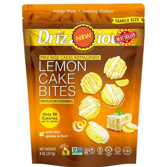 Drizliciu's Mini Rice Cakes Bites, Lemon Cake Bites 21 Piece Per Pack, 8 Oz. - Drizzled Lemon Cake Flavored Mini Rice Cakes