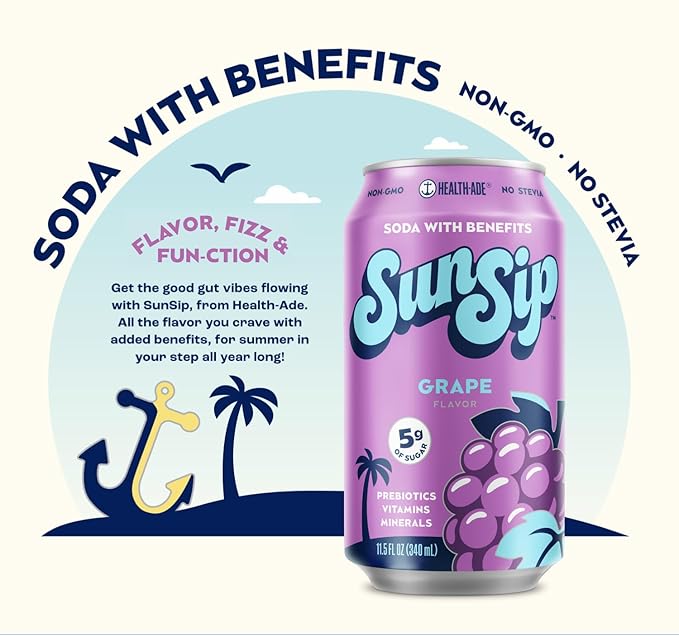 SunSip Prebiotic Soda by Health-Ade, Gut-Healthy Beverage, Soda Swap, Vitamins & Minerals, Naturally Sweetened with 6g of Sugar, Grape, 11.5 oz (12 Pack)