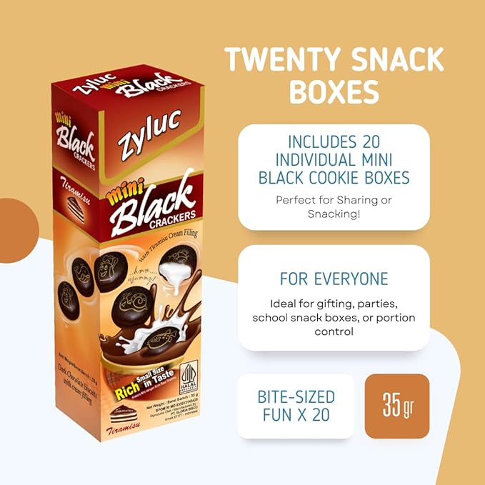 Zyluc Mini Black Crackers – Tiramisu Flavored Snack with Coffee Cocoa Blend – 35g Portable Pack – Light Crunch, Halal Certified, Made with Non-GMO Ingredients – Product of Indonesia – Pack of 20