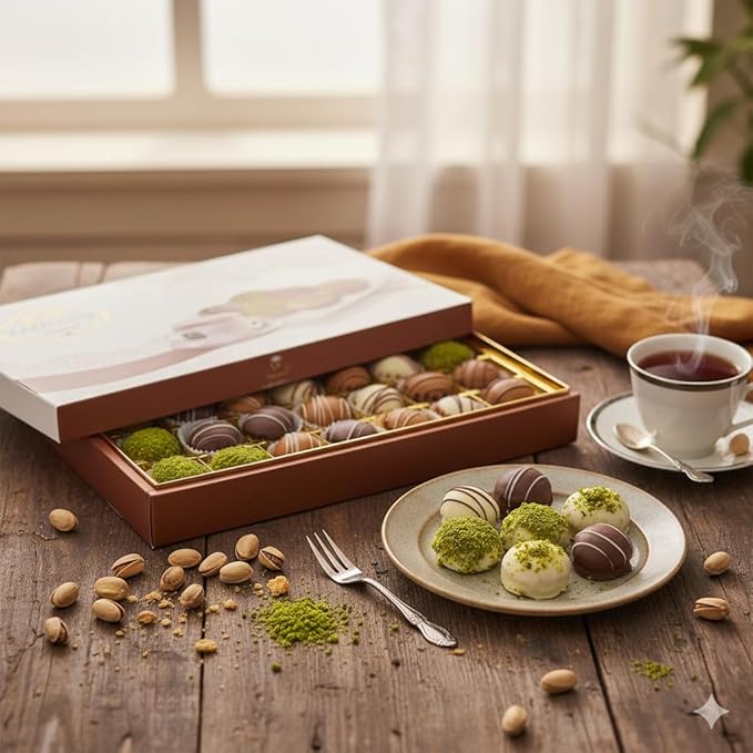 Zaitoune Mixed Chocolate & Pistachio Petit Fours – 12 oz | Gourmet Assorted Petit Fours Cakes with Pistachio | Luxury Chocolate-Covered Arabic Sweets in an Elegant Gift Box | Perfect for Sharing & Gifting