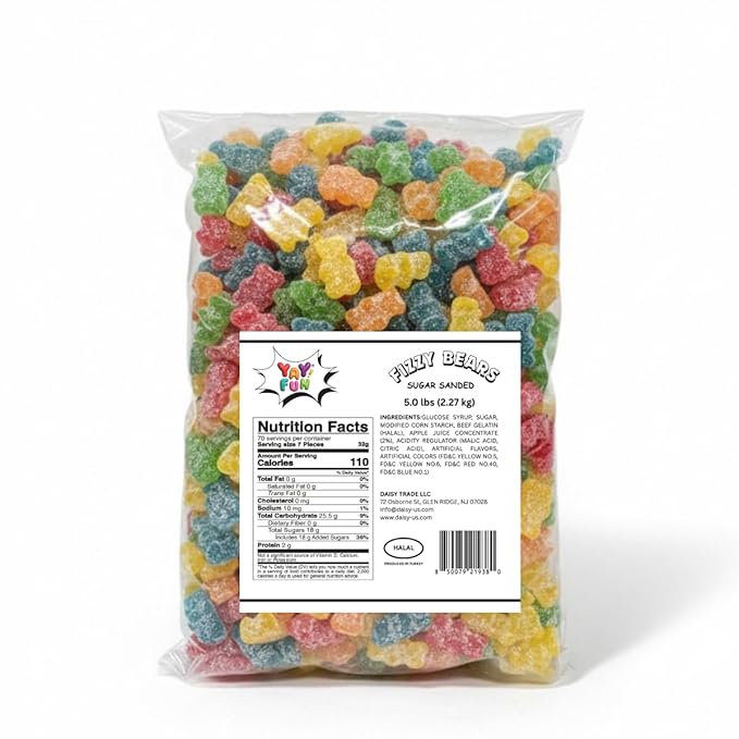 Halal Fizzy Gummy Bears Candy Bulk, 5 pound Bag, Assorted Fruit Flavored Gummies, Gift Snacks, Party Favors, Goodie Bags, Sour Gummy, Colorful Chewy Candy for Parties, Buffets, and Dessert Toppings