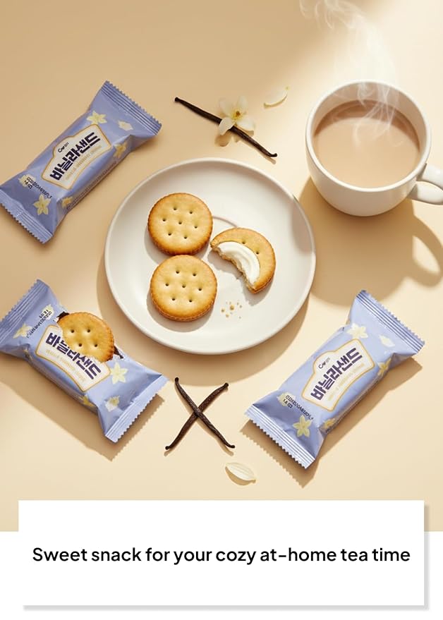 Korean Food CW Vanilla Sandwich Cookies, Sweet Vanilla Cream Biscuits, 1+1 Family Pack (6 Packs x 2, 12 Packs Total, 360g / 12.7 oz Total), Crispy Korean Snack