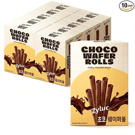 Zyluc Chocolate Wafer Rolls – Crispy Cream-Filled Cookies with Real Cocoa, Portion-Controlled Snack, Cholesterol Free, No Trans Fat, 200 Cal per Pack (50g) – Pack of 10