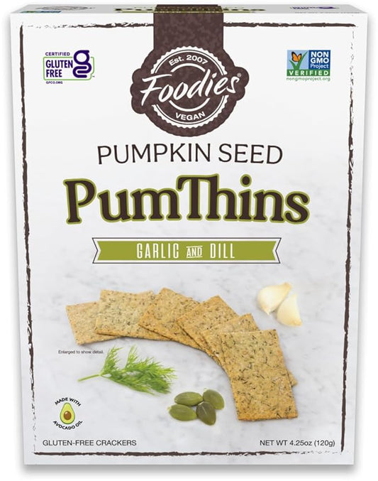 Foodies PumThins Garlic and Dill Pumpkin Seed Crackers, Gluten Free, Grain Free, Low Carb, No Seed Oils, High Protein, Clean Ingredients, 4.25 oz (1-Pack)