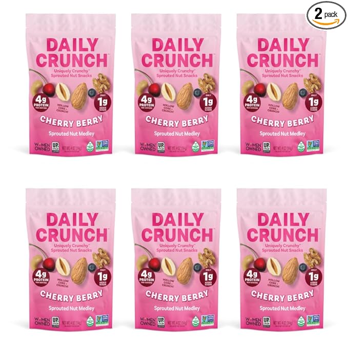 Daily Crunch Sprouted Almonds and Dehydrated nuts for a Unique Crunch, Keto Friendly, Non-GMO Zero Seed Oils, Gluten Free 4oz (6 Pack, Cherry Berry)