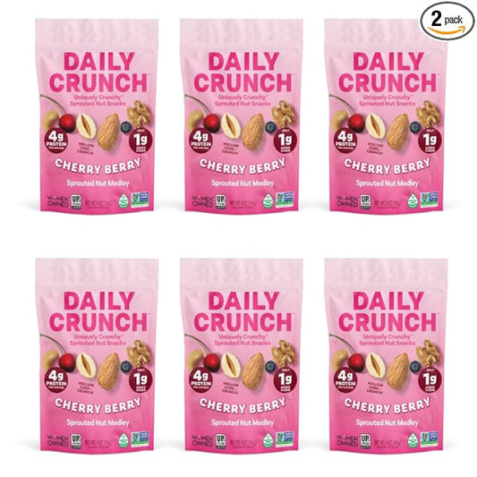 Daily Crunch Sprouted Almonds and Dehydrated nuts for a Unique Crunch, Keto Friendly, Non-GMO Zero Seed Oils, Gluten Free 4oz (6 Pack, Cherry Berry)