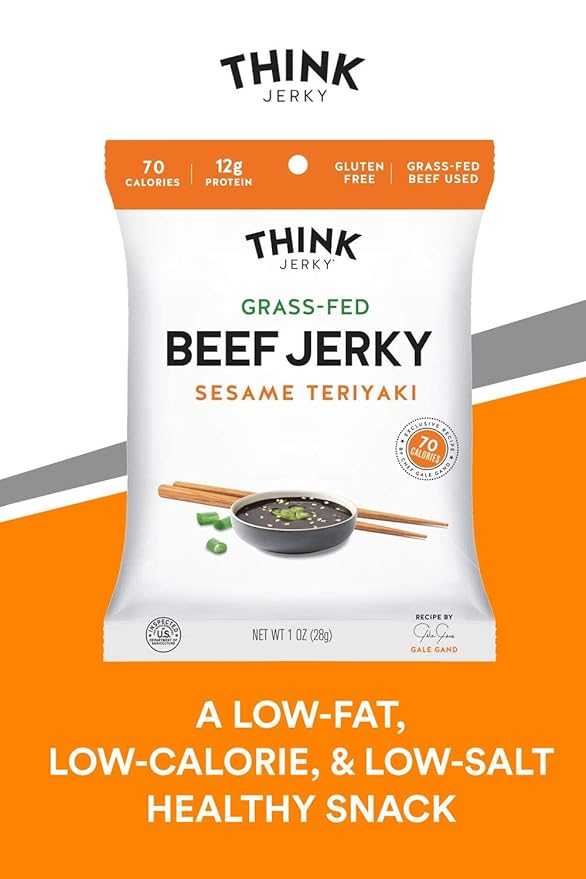 Think Jerky Sesame Teriyaki Beef Jerky, Grass-Fed High Protein Beef, Gluten Free, No Antibiotics or Nitrates, Healthy Chef Crafted Recipe, Low Calorie and Low Fat - 1.0 oz Bags, 8 Pack