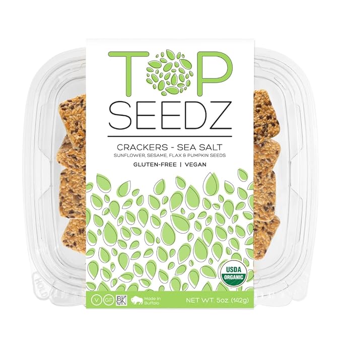 Top Seedz Certified Organic Gluten Free Sea Salt Seed Crackers | 2-Pack | 5 Ounces | Healthy Vegan Crackers with Plant Based Protein | Made of Sunflower, Flax, Sesame and Pumpkin Seed