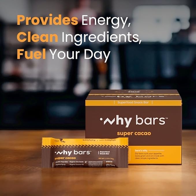 Why Bars, Superfood Protein Bars, 2.04 Ounce Bars - Protein Bar Superfood, Gluten Free, Non GMO, Organic, Vegan, Simple Ingredients (Cacao)
